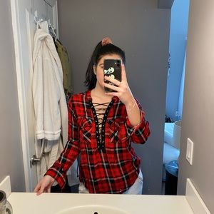 Red, black, and white tie up flannel